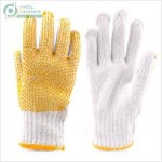 ถุงมือผ้าถัก 7 ขีด แบบมีลายจุด PVC สีเหลืองที่ฝ่ามือ ( 1 โหล )